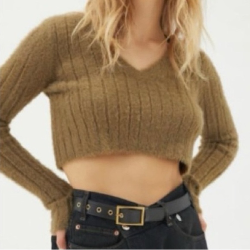 Urban Outfitters Tan Fuzzy Knit Cropped Sweater